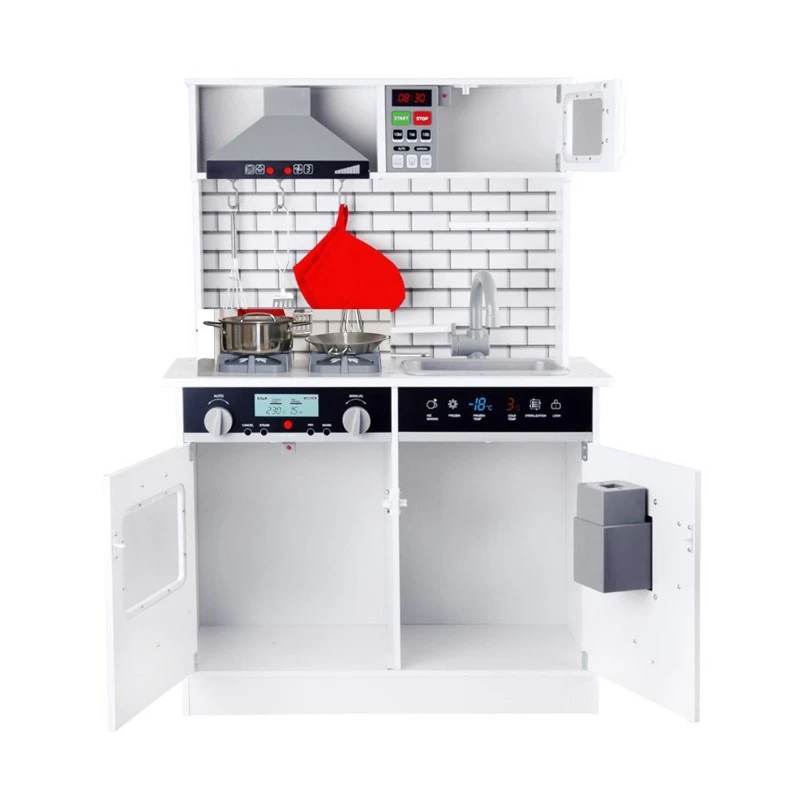 Детска Дървена Кухня със Звук, Светлина и Аксесоари за готвене  - WHITE/GREY