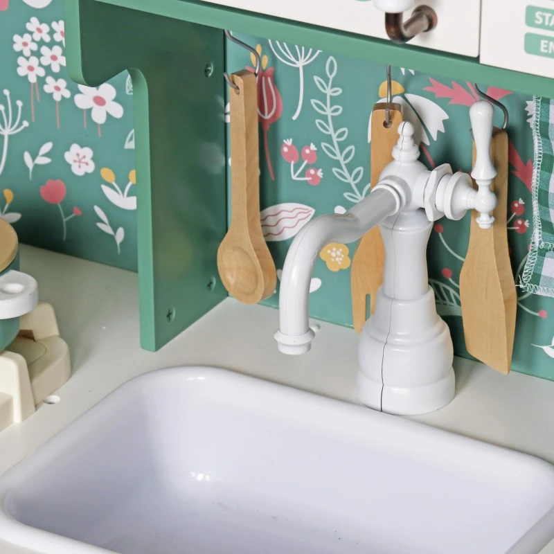 Детска Дървена Кухня GINGER HOME – Винтидж Стил с Електронни Котлони, Светлини, Звуци и Аксесоари за Готвене, 91x31x90 см