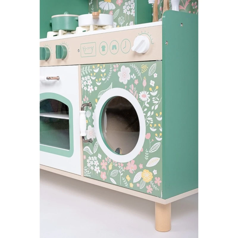 Детска Дървена Кухня GINGER HOME – Винтидж Стил с Електронни Котлони, Светлини, Звуци и Аксесоари за Готвене, 91x31x90 см