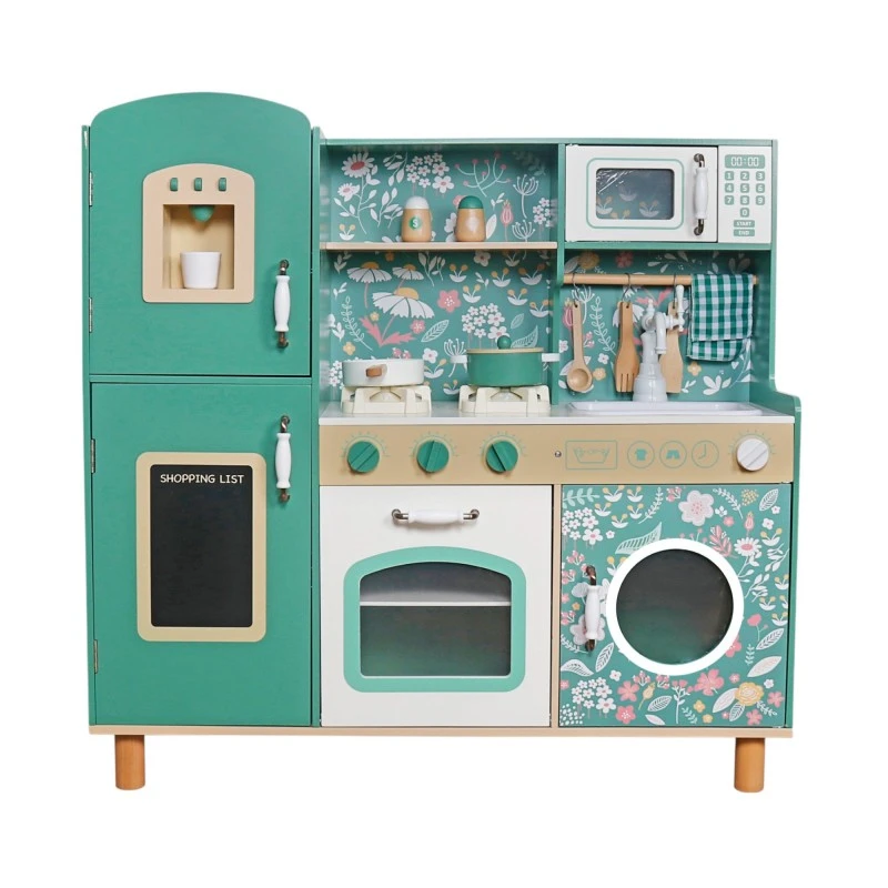 Детска Дървена Кухня GINGER HOME – Винтидж Стил с Електронни Котлони, Светлини, Звуци и Аксесоари за Готвене, 91x31x90 см