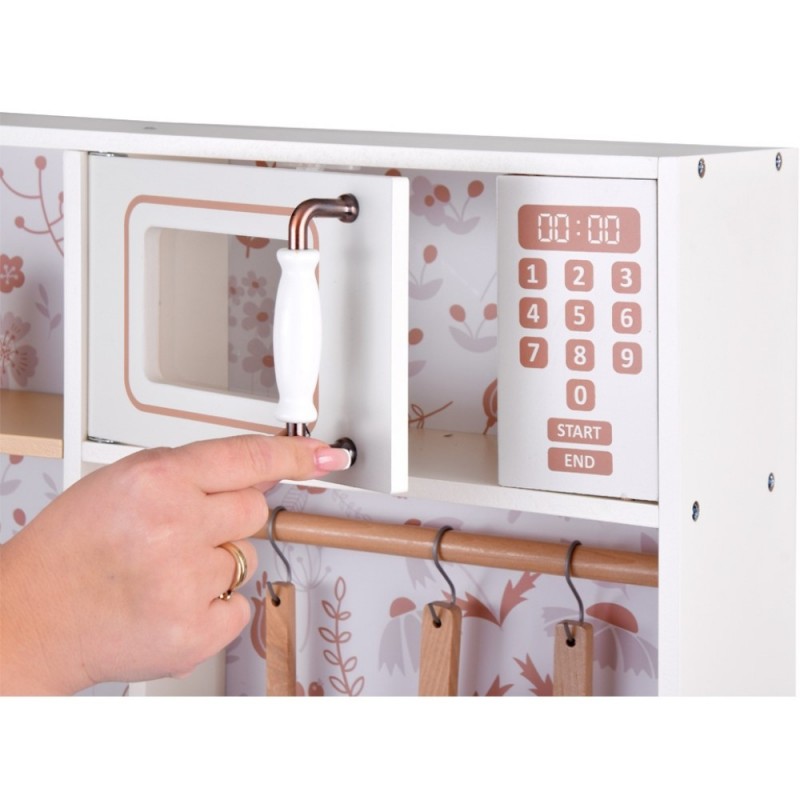 Детска Дървена Кухня GINGER HOME – Винтидж Модел с Електронни Котлони, Светлини, Звуци и Мивка с Течаща Вода, 91×31×90 см