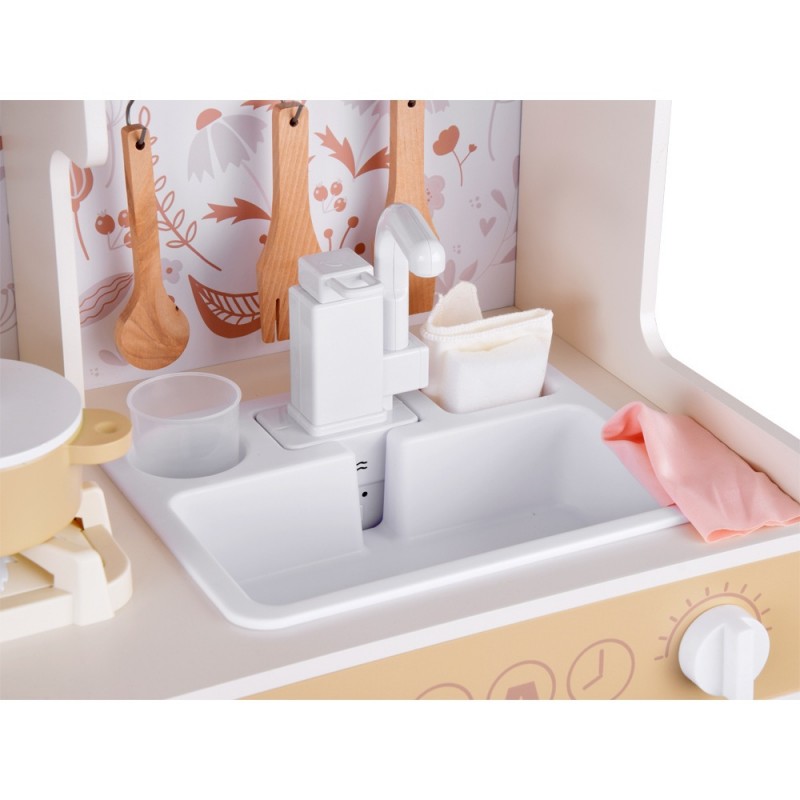 Детска Дървена Кухня GINGER HOME – Винтидж Модел с Електронни Котлони, Светлини, Звуци и Мивка с Течаща Вода, 91×31×90 см