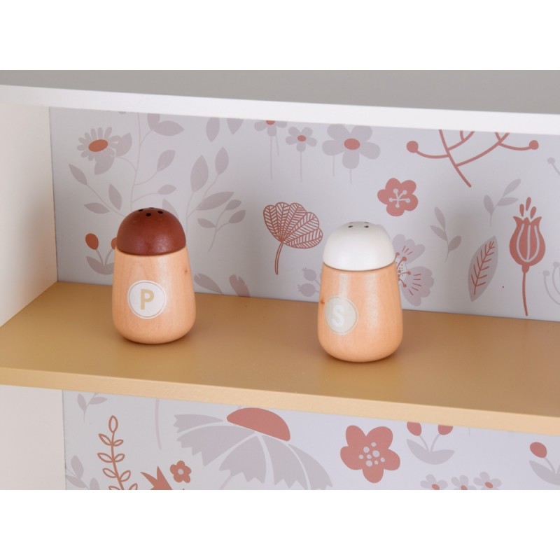 Детска Дървена Кухня GINGER HOME – Винтидж Модел с Електронни Котлони, Светлини, Звуци и Мивка с Течаща Вода, 91×31×90 см