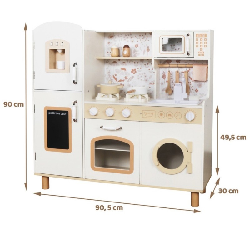 Детска Дървена Кухня GINGER HOME – Винтидж Модел с Електронни Котлони, Светлини, Звуци и Мивка с Течаща Вода, 91×31×90 см