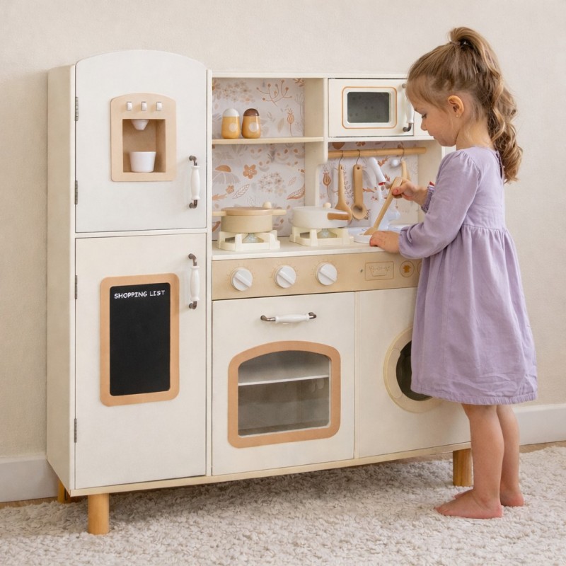 Детска Дървена Кухня GINGER HOME – Винтидж Модел с Електронни Котлони, Светлини, Звуци и Мивка с Течаща Вода, 91×31×90 см