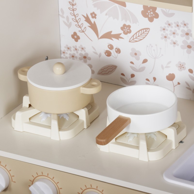 Детска Дървена Кухня GINGER HOME – Винтидж Модел с Електронни Котлони, Светлини, Звуци и Мивка с Течаща Вода, 91×31×90 см