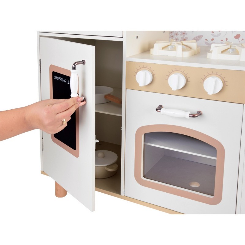 Детска Дървена Кухня GINGER HOME – Винтидж Модел с Електронни Котлони, Светлини, Звуци и Мивка с Течаща Вода, 91×31×90 см