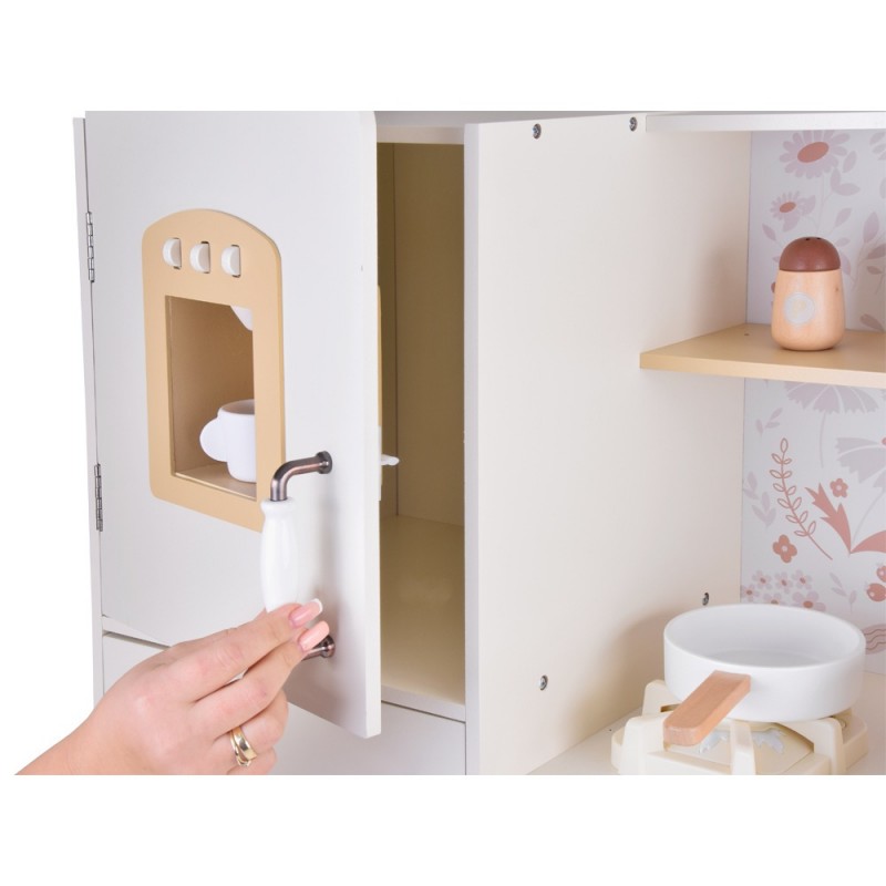 Детска Дървена Кухня GINGER HOME – Винтидж Модел с Електронни Котлони, Светлини, Звуци и Мивка с Течаща Вода, 91×31×90 см