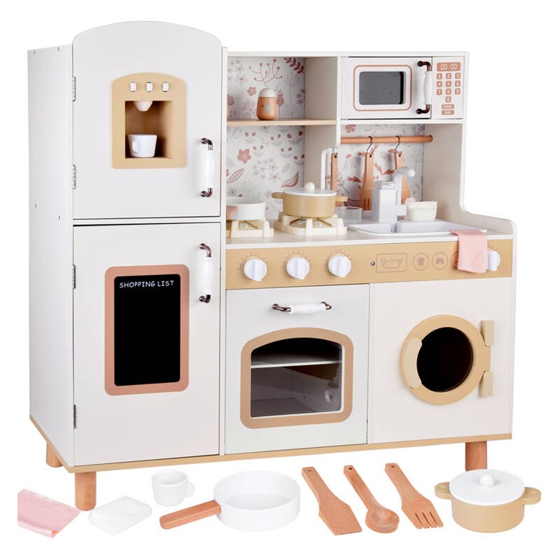 Детска Дървена Кухня GINGER HOME – Винтидж Модел с Електронни Котлони, Светлини, Звуци и Мивка с Течаща Вода, 91×31×90 см