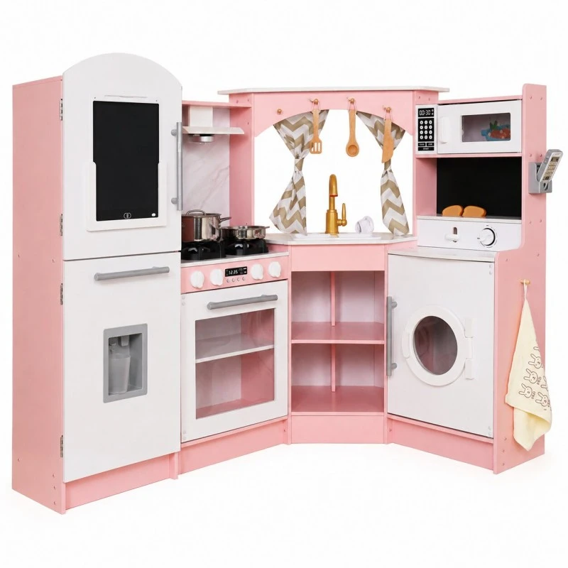 Голяма Детска Дървена Кухня GINGER HOME, Ъглова с Мивка с Течаща Вода, Звук и Светлина, Хладилник, Микровълнова, Пералня, Прозорец, Завеси и Аксесоари, 134x80x99 см
