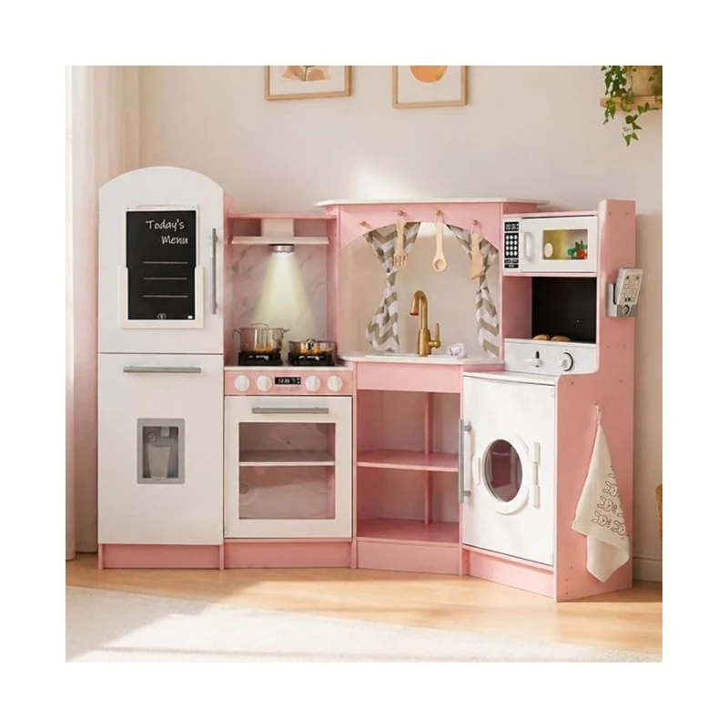 Голяма Детска Дървена Кухня GINGER HOME, Ъглова с Мивка с Течаща Вода, Звук и Светлина, Хладилник, Микровълнова, Пералня, Прозорец, Завеси и Аксесоари, 134x80x99 см