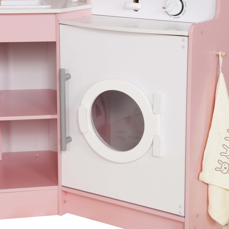 Голяма Детска Дървена Кухня GINGER HOME, Ъглова с Мивка с Течаща Вода, Звук и Светлина, Хладилник, Микровълнова, Пералня, Прозорец, Завеси и Аксесоари, 134x80x99 см