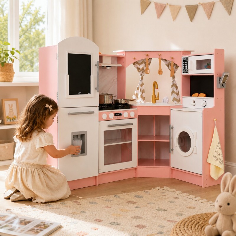 Голяма Детска Дървена Кухня GINGER HOME, Ъглова с Мивка с Течаща Вода, Звук и Светлина, Хладилник, Микровълнова, Пералня, Прозорец, Завеси и Аксесоари, 134x80x99 см