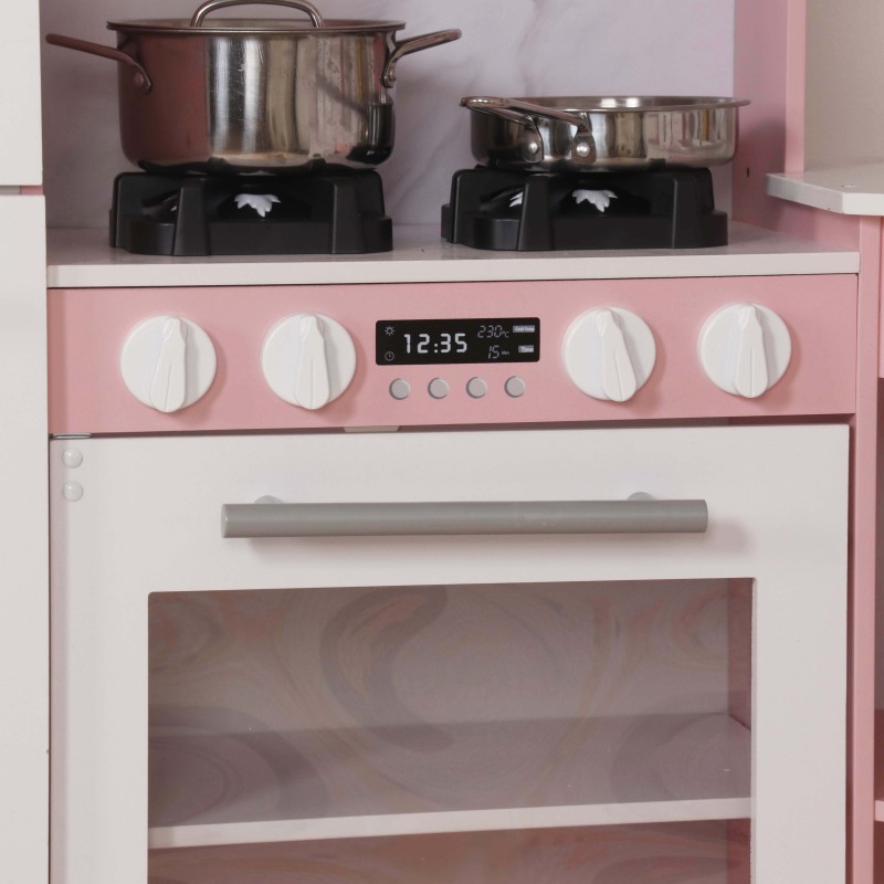 Голяма Детска Дървена Кухня GINGER HOME, Ъглова с Мивка с Течаща Вода, Звук и Светлина, Хладилник, Микровълнова, Пералня, Прозорец, Завеси и Аксесоари, 134x80x99 см