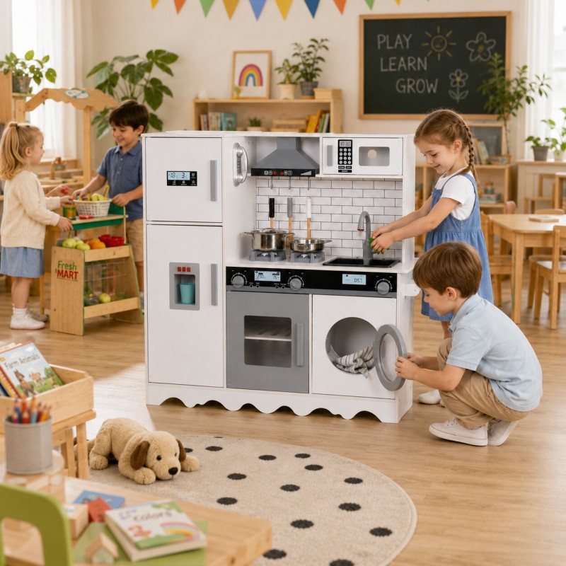 Детска Дървена Кухня GINGER HOME с Хладилник, Мивка с Течаща Вода, Микровълнова, Пералня и Електронни Функции, 97x30x94 см