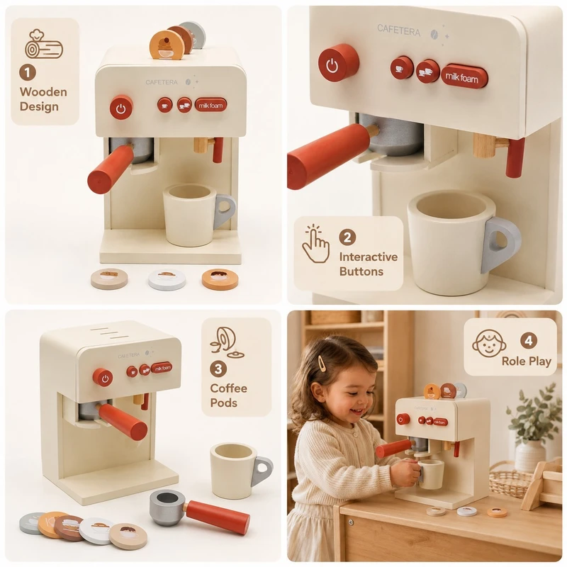 Детска Дървена Кафе Машина GINGER HOME с Чаша и Аксесоари, Масивно Дърво, 16x13x22 см