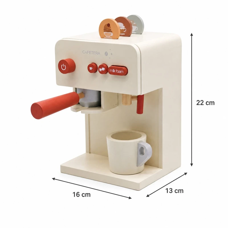 Детска Дървена Кафе Машина GINGER HOME с Чаша и Аксесоари, Масивно Дърво, 16x13x22 см
