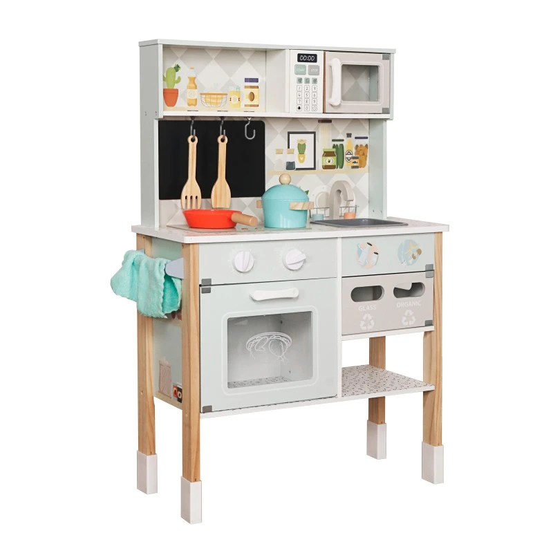 Детска Дървена Кухня GINGER HOME с Електронен Котлон, Микровълнова, Фурна, Мивка и Аксесоари, Масивно Дърво и MDF, 60x26.5x91 см