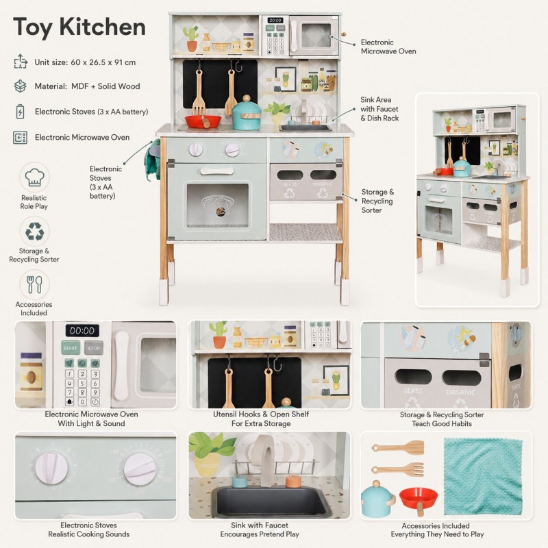 Детска Дървена Кухня GINGER HOME с Електронен Котлон, Микровълнова, Фурна, Мивка и Аксесоари, Масивно Дърво и MDF, 60x26.5x91 см