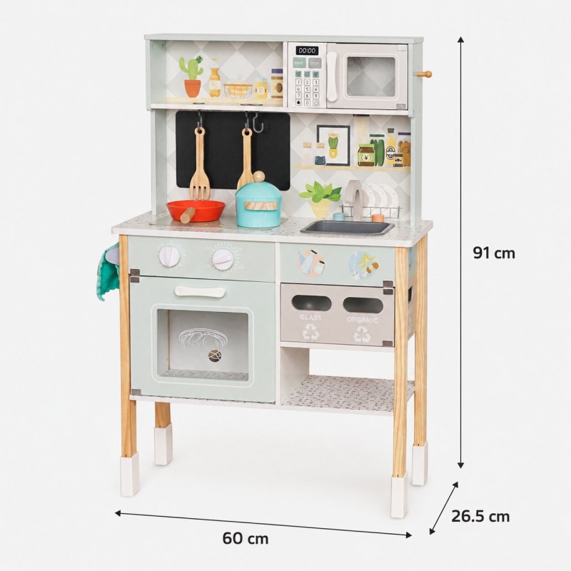 Детска Дървена Кухня GINGER HOME с Електронен Котлон, Микровълнова, Фурна, Мивка и Аксесоари, Масивно Дърво и MDF, 60x26.5x91 см