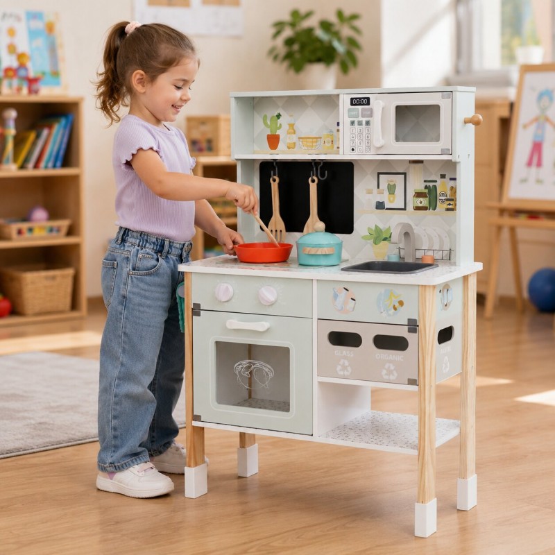 Детска Дървена Кухня GINGER HOME с Електронен Котлон, Микровълнова, Фурна, Мивка и Аксесоари, Масивно Дърво и MDF, 60x26.5x91 см