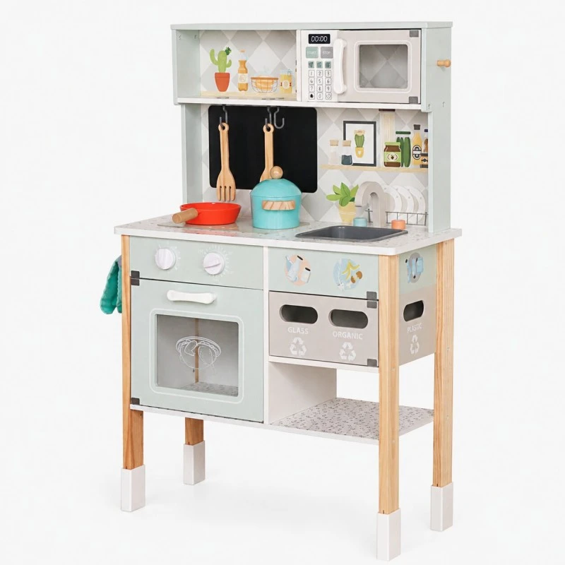 Детска Дървена Кухня GINGER HOME с Електронен Котлон, Микровълнова, Фурна, Мивка и Аксесоари, Масивно Дърво и MDF, 60x26.5x91 см