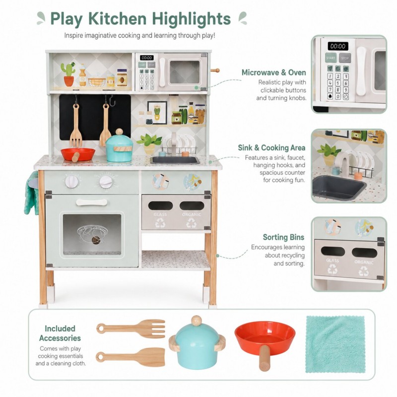 Детска Дървена Кухня GINGER HOME с Електронен Котлон, Микровълнова, Фурна, Мивка и Аксесоари, Масивно Дърво и MDF, 60x26.5x91 см