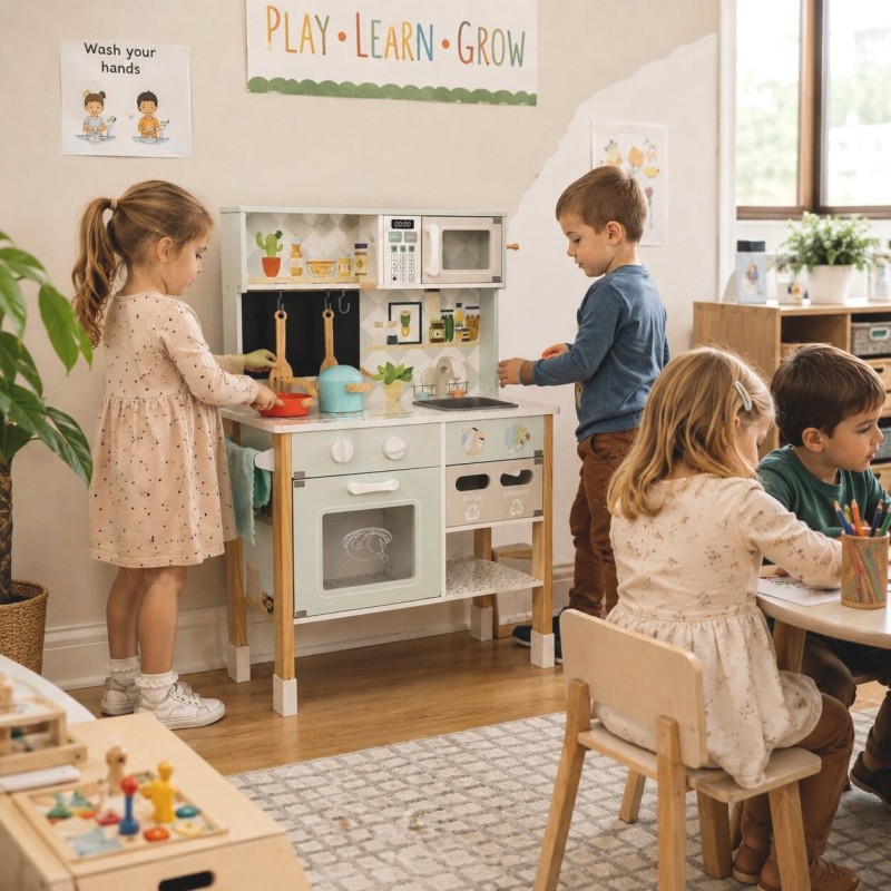 Детска Дървена Кухня GINGER HOME с Електронен Котлон, Микровълнова, Фурна, Мивка и Аксесоари, Масивно Дърво и MDF, 60x26.5x91 см