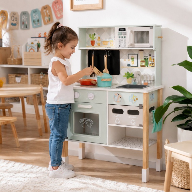 Детска Дървена Кухня GINGER HOME с Електронен Котлон, Микровълнова, Фурна, Мивка и Аксесоари, Масивно Дърво и MDF, 60x26.5x91 см