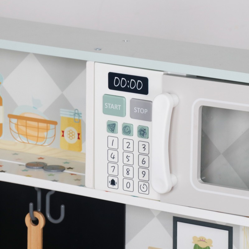 Детска Дървена Кухня GINGER HOME с Електронен Котлон, Микровълнова, Фурна, Мивка и Аксесоари, Масивно Дърво и MDF, 60x26.5x91 см