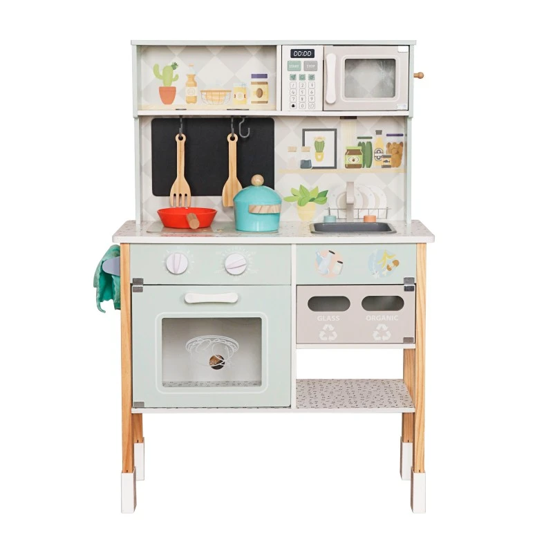 Детска Дървена Кухня GINGER HOME с Електронен Котлон, Микровълнова, Фурна, Мивка и Аксесоари, Масивно Дърво и MDF, 60x26.5x91 см