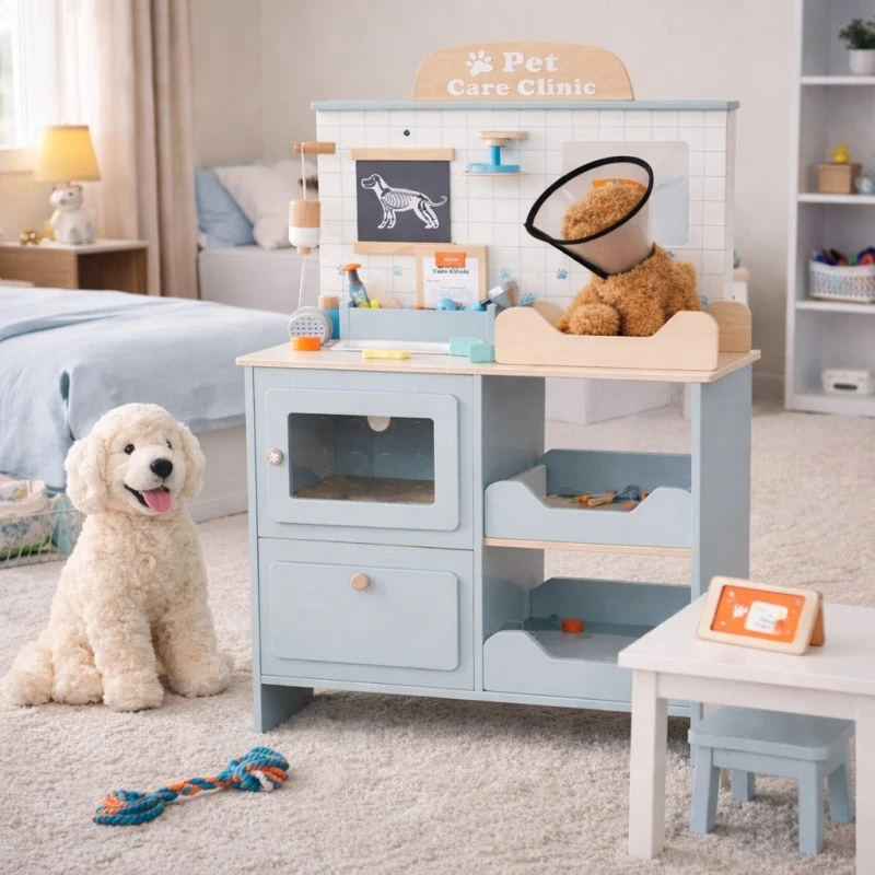 Детска Ветеринарна Клиника Играчка GINGER HOME – Дървен Ветеринарен Център с Аксесоари и Плюшено Куче, 89×57×30 см