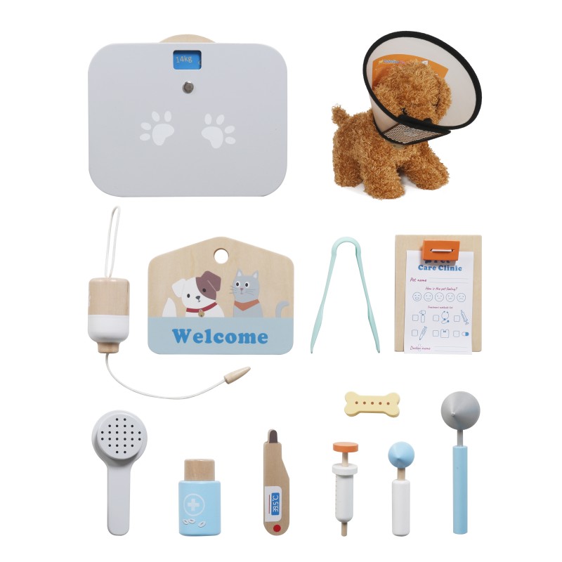 Детска Ветеринарна Клиника Играчка GINGER HOME – Дървен Ветеринарен Център с Аксесоари и Плюшено Куче, 89×57×30 см