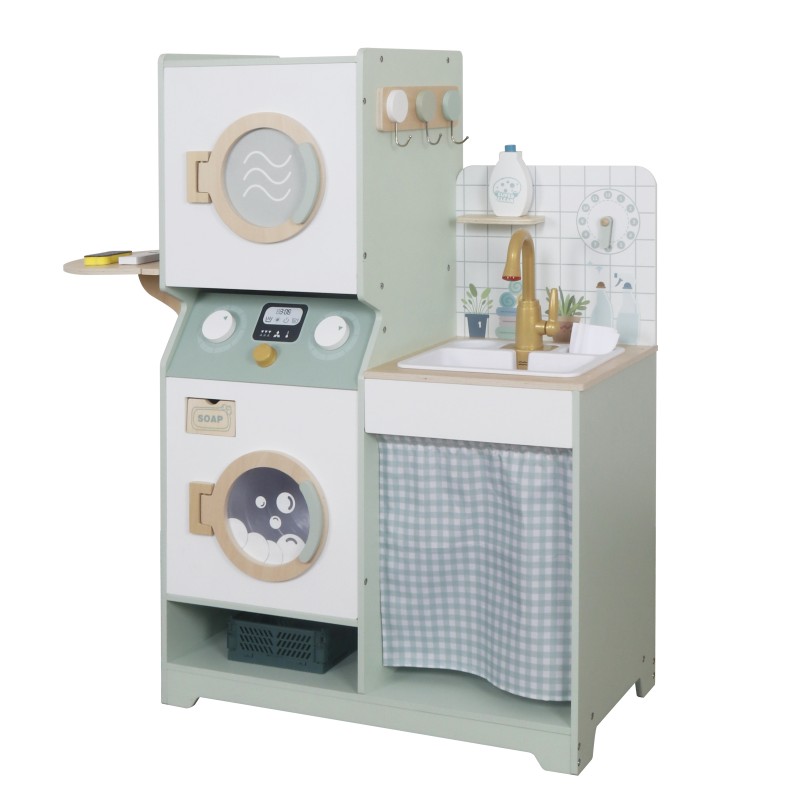 Детска Дървена Пералня 3 в 1 с Мивка с Течаща Вода и Сушилня GINGER HOME, 86×32×90 см