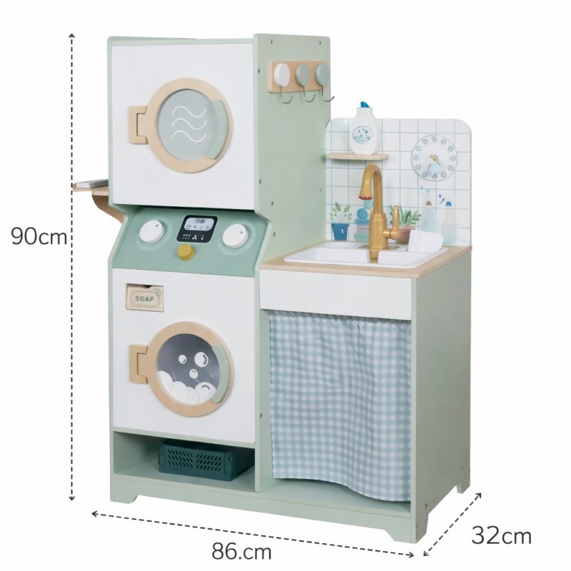 Детска Дървена Пералня 3 в 1 с Мивка с Течаща Вода и Сушилня GINGER HOME, 86×32×90 см