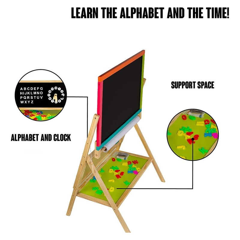 Детска Дървена Дъска, Статив 3 в 1 - Черна дъска, Магнитна Дъска, Бяла Дъска с Аксесоари