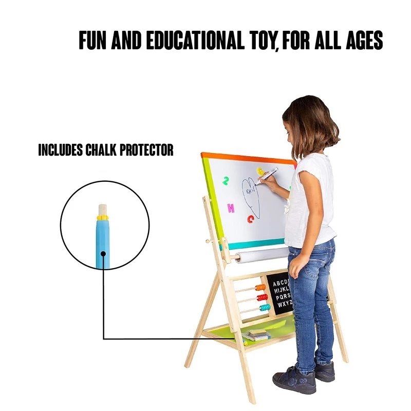 Детска Дървена Дъска, Статив 3 в 1 - Черна дъска, Магнитна Дъска, Бяла Дъска с Аксесоари