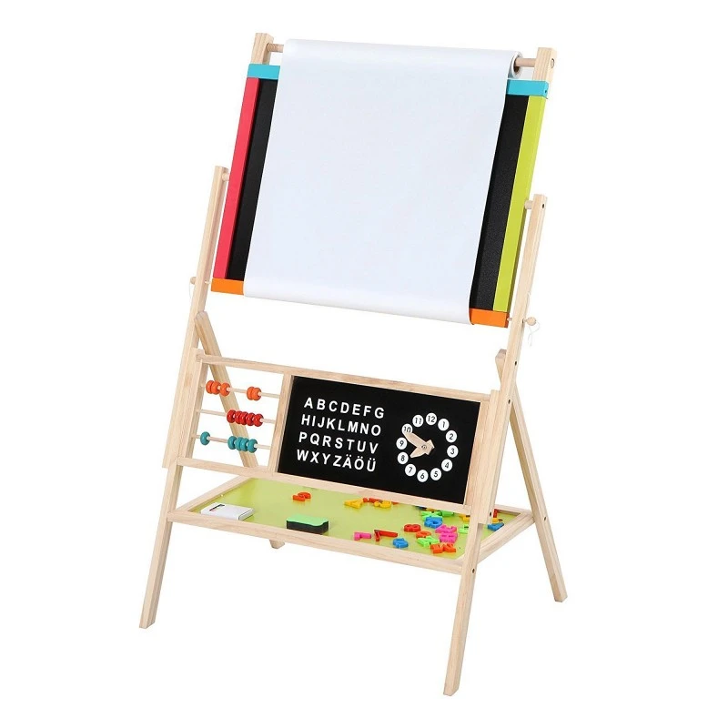 Детска Дървена Дъска, Статив 3 в 1 - Черна дъска, Магнитна Дъска, Бяла Дъска с Аксесоари