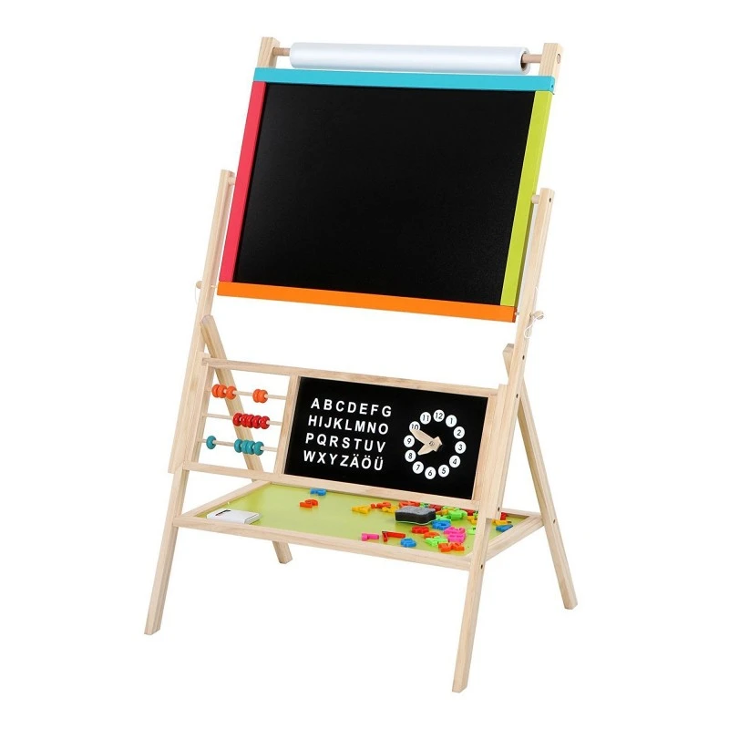 Детска Дървена Дъска, Статив 3 в 1 - Черна дъска, Магнитна Дъска, Бяла Дъска с Аксесоари