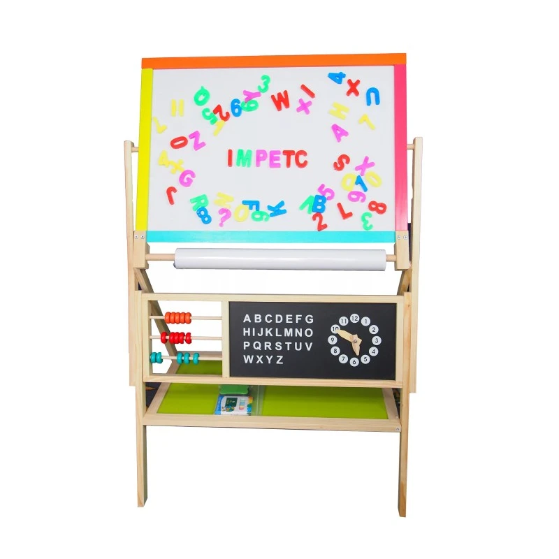 Детска Дървена Дъска, Статив 3 в 1 - Черна дъска, Магнитна Дъска, Бяла Дъска с Аксесоари