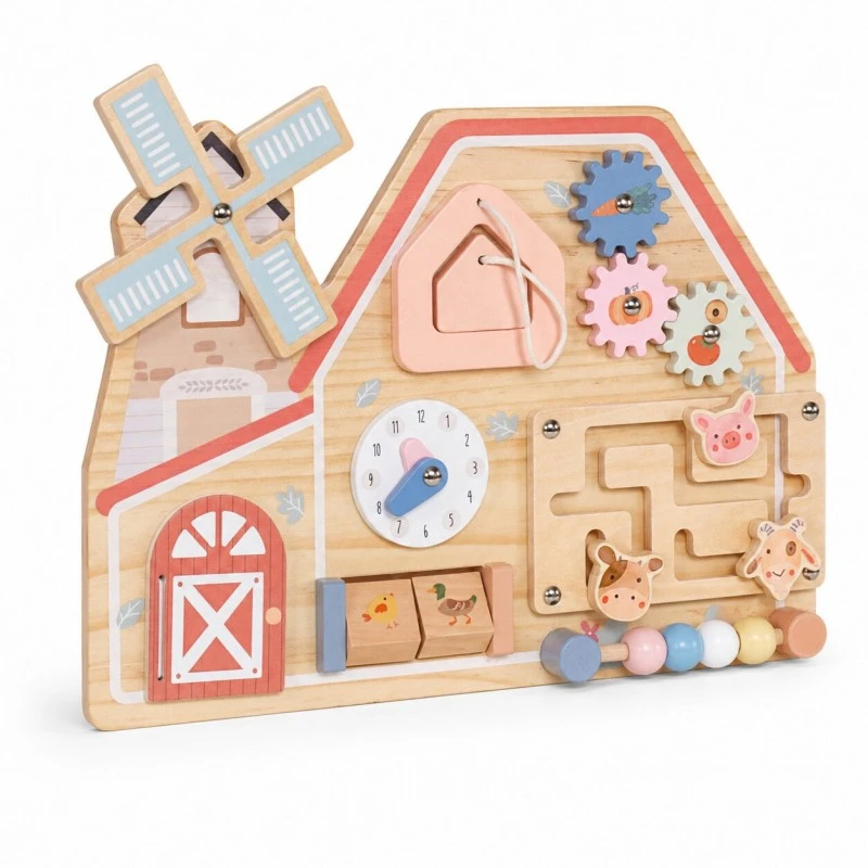 Дървена Монтесори Активна Дъска GINGER HOME, Ферма с Мелница, Лабиринт, Часовник и Зъбни Колела, 33x24x5 см