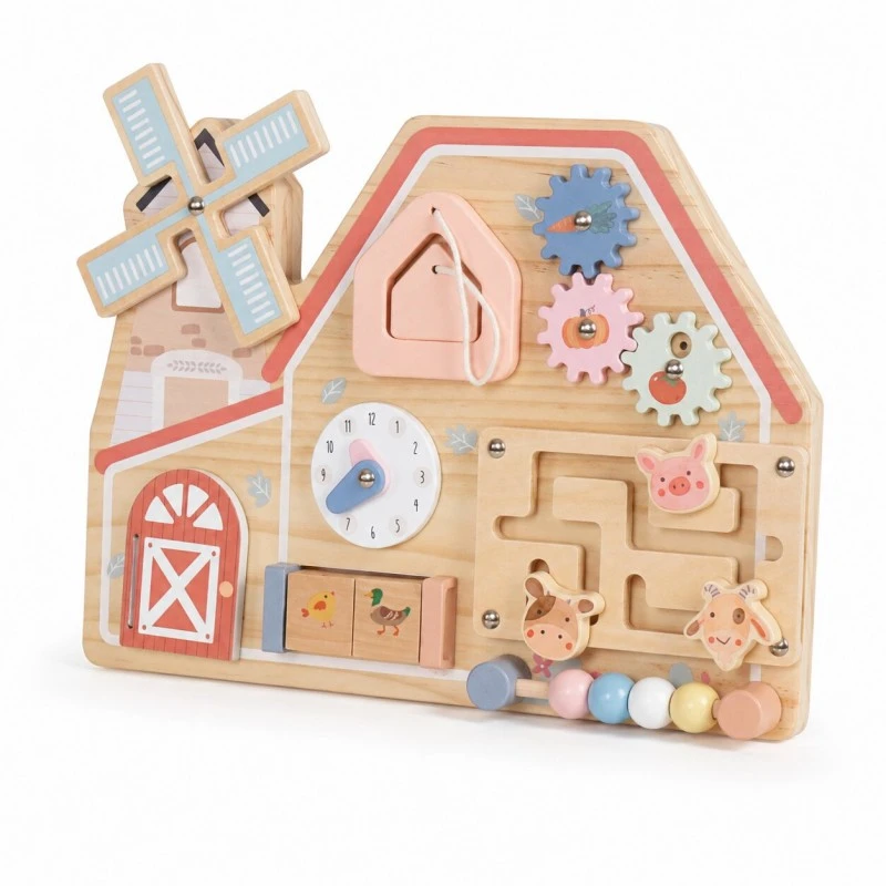 Дървена Монтесори Активна Дъска GINGER HOME, Ферма с Мелница, Лабиринт, Часовник и Зъбни Колела, 33x24x5 см