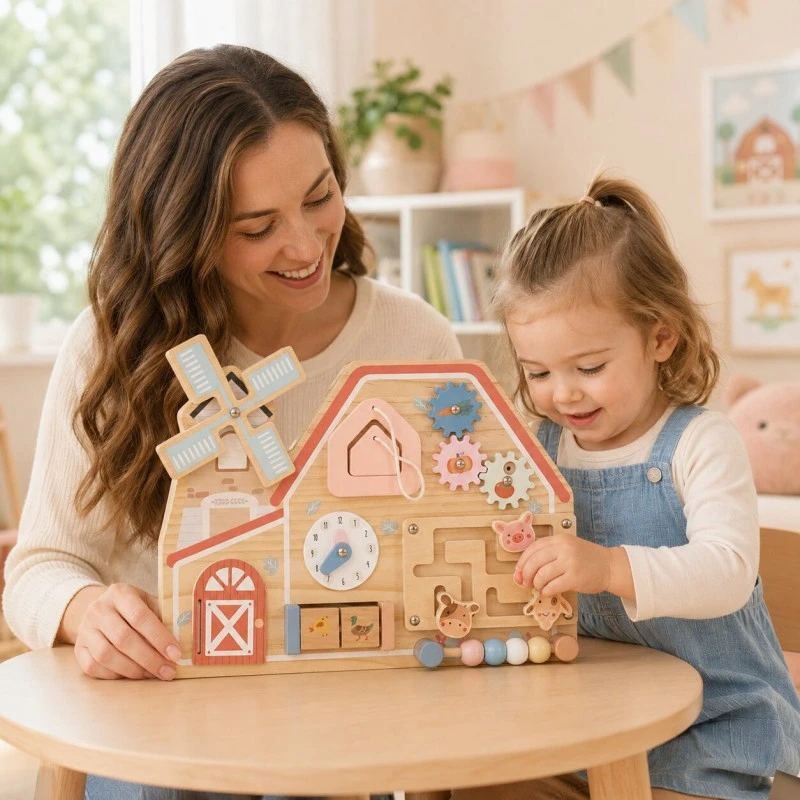 Дървена Монтесори Активна Дъска GINGER HOME, Ферма с Мелница, Лабиринт, Часовник и Зъбни Колела, 33x24x5 см