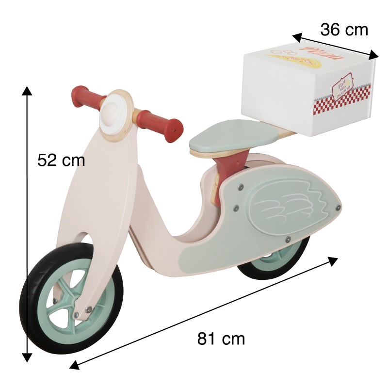 Детско Дървено Колело за Баланс GINGER HOME, Мотоциклет за Яздене с Кутия за Пица, 81x36x52 см