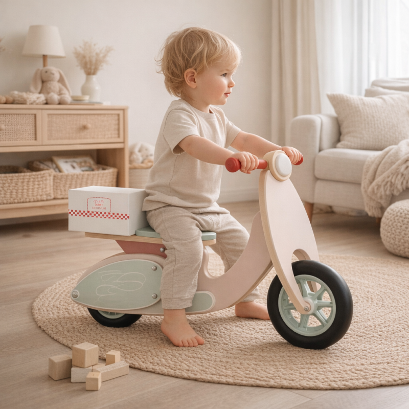 Детско Дървено Колело за Баланс GINGER HOME, Мотоциклет за Яздене с Кутия за Пица, 81x36x52 см