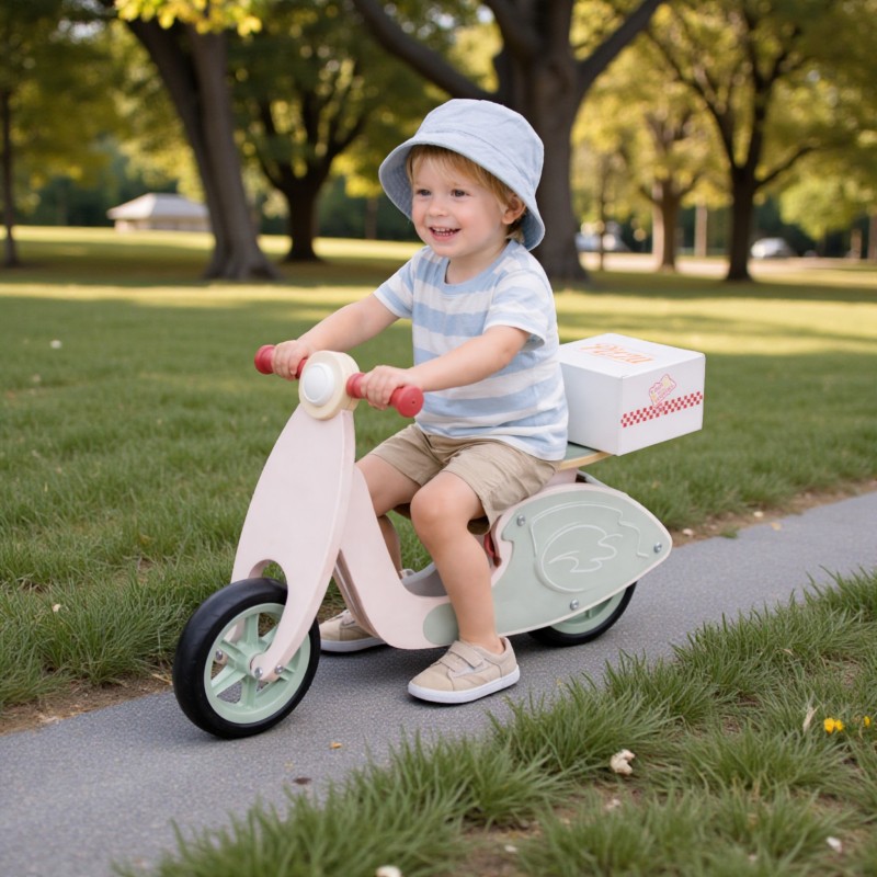 Детско Дървено Колело за Баланс GINGER HOME, Мотоциклет за Яздене с Кутия за Пица, 81x36x52 см
