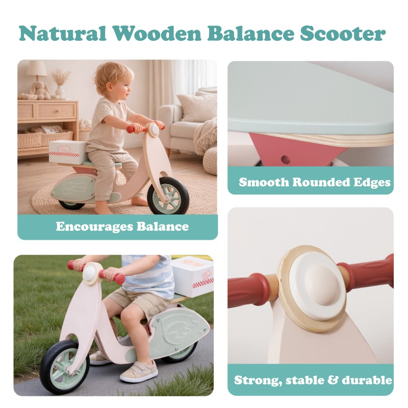 Детско Дървено Колело за Баланс GINGER HOME, Мотоциклет за Яздене с Кутия за Пица, 81x36x52 см