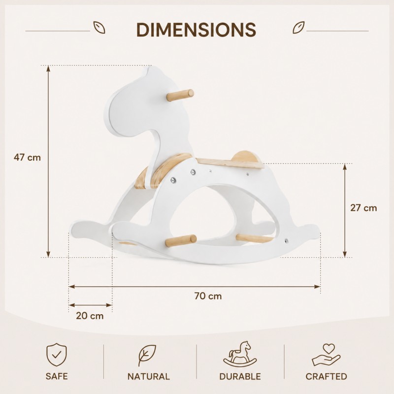 Детско Дървено Конче за Люлеене GINGER HOME, Бяло, Масивно Дърво, 70x20x47 см, Монтесори Играчка