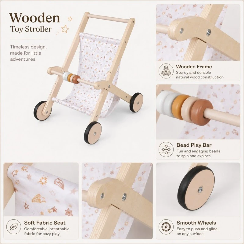 Детска Дървена Количка за Кукли GINGER HOME с Мек Текстилен Кош, Натурално Дърво, 34x46x49.5 см