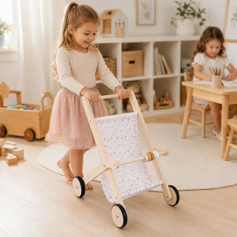 Детска Дървена Количка за Кукли GINGER HOME с Мек Текстилен Кош, Натурално Дърво, 34x46x49.5 см